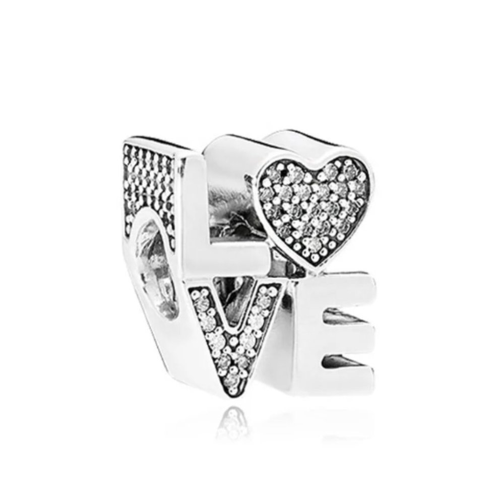 LOVE with Heart Bracelet Charm - S925 Sterling Silver Fits Pandora